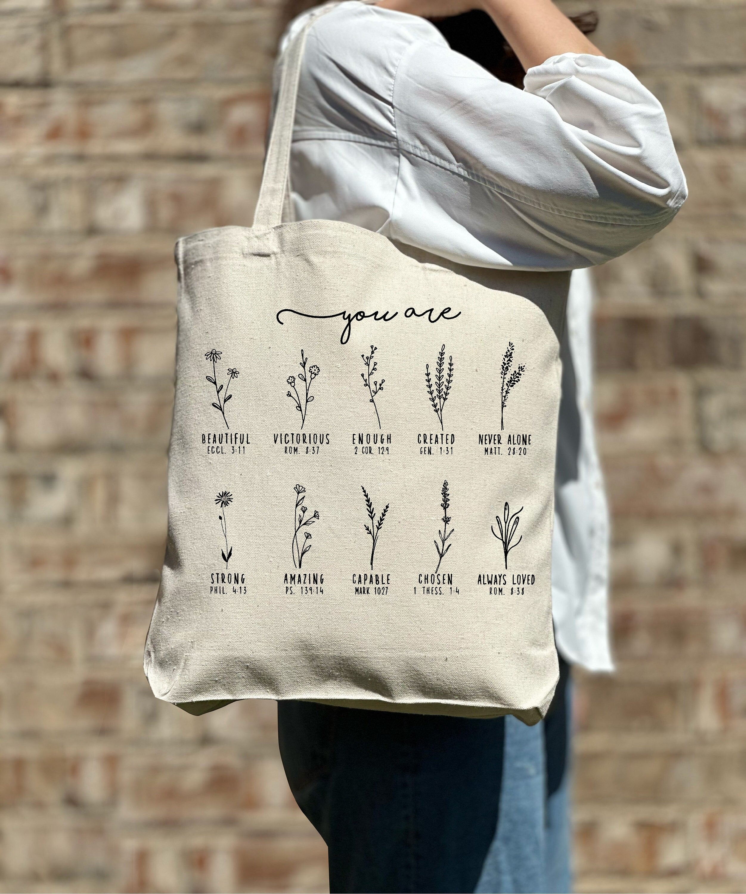 You Are Bible Verse Tote Bag, Inspirational Christian Tote, Wildflower Design, Retro Bible Verse Bag, Faith-Based Gift, Eco-Friendly Scripture Tote TBLAF04
